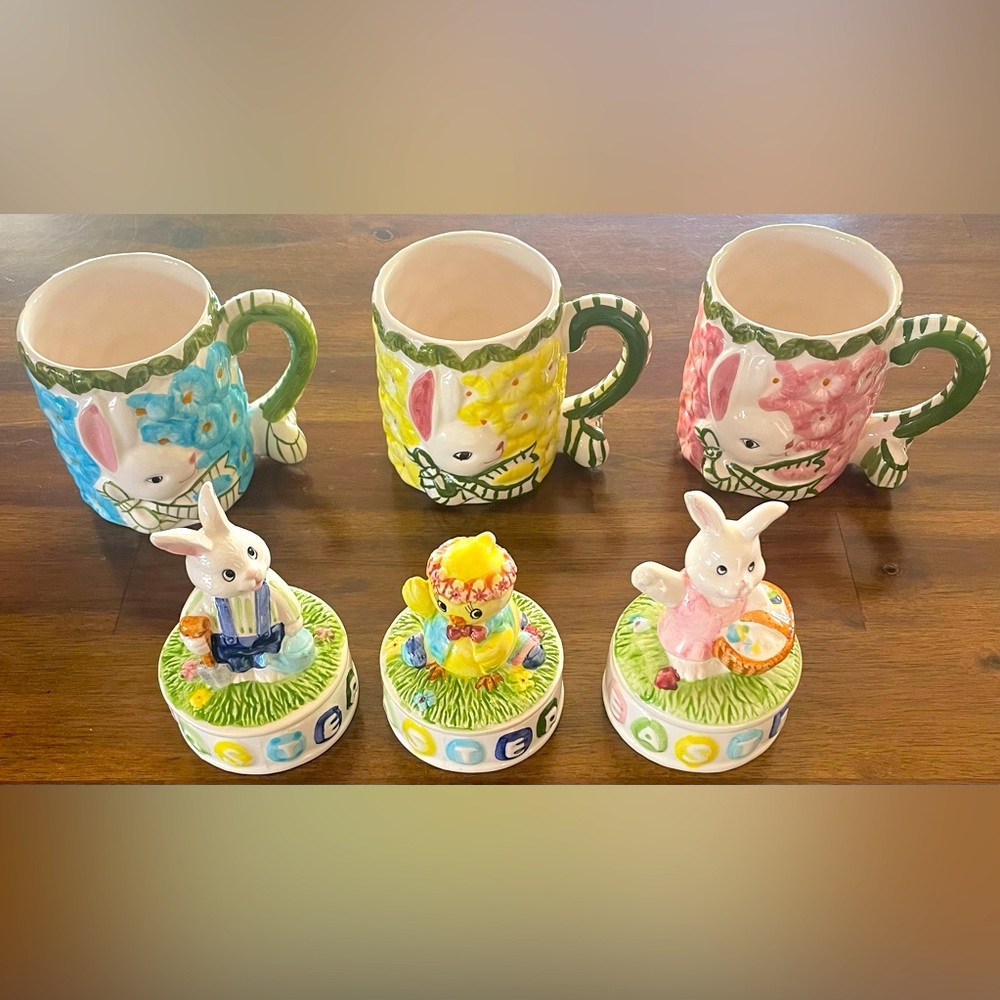 WCL Hand Painted Raised Easter Bunny Floral Coffee Mug Tea Cup Trinket Set